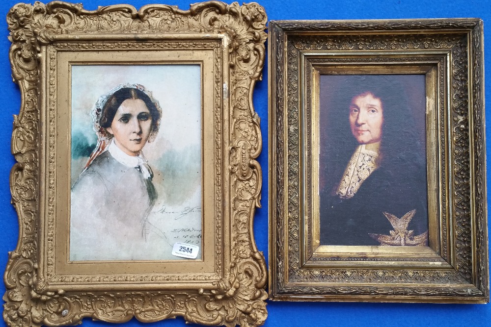 A.T.O. TWO COLOURED PRINTS of a gentleman and a lady in 19th century frames. 12.5" x 16.5" and 15.5"