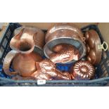 A LARGE QUANTITY OF COPPER POTS AND CAULDRONS in one box.