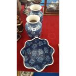 TWO IRISH POTTERY BLUE GROUND VASES & MATCHING BOWL (3).