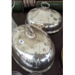 TWO LARGE 19TH CENTURY SILVER-PLATES MEAT DOMES, ONE CRESTED.