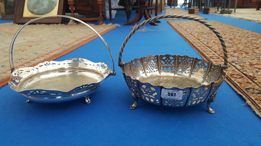 TWO LATE 19TH/EARLY 20TH CENTURY PIERCED PLATED CAKE/BREAD BASKETS with twist handles.