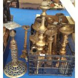 A LARGE QUANTITY OF BRASS PRICKET STYLE CANDLESTICKS.