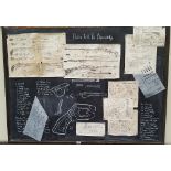 A BLACK BOARD DEPICTING THE MECHANISM OF GUNS on sheets pinned to it.