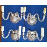 A GOOD SET OF FOUR GLASS TWIN BRANCH WALL LIGHTS.