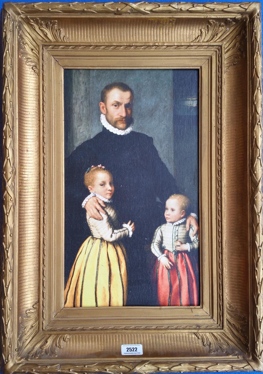 A.T.O. A COLOURED PRINT of an 18th century family in a 19th century period frame. 19.25" x 26.5".