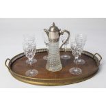 AN ATTRACTIVE WELL CUT SET OF SIX RED WINE GLASSES & A GLASS CLARET JUG WITH SILVER-PLATE TOP.
