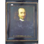 A.T.O. A COLOURED PRINT of a gentleman P Corneille 1647, in a late 19th century ebonised frame.