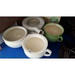 THREE ASSORTED PO'S & TWO VINTAGE CREAM STONEWARE BEDPANS.