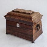 A LOVELY 19TH CENTURY SARCOPHAGUS ROSEWOOD TEA CADDY with fitted interior and ring handles.