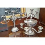 AN UNUSUAL PLATED FOUR BRANCH CANDELABRA with central bowl with two, two branch examples.