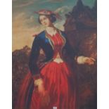 A.T.O. A VERY LARGE COLOURED PORTRAIT PRINT of a woman with a red dress. U.F. 42.75" x 55".