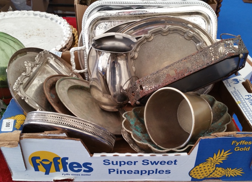 TWO BOXES OF GOOD SILVER-PLATE & BRASS, MAINLY TRAYS (2).