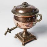 A WONDERFUL 19TH CENTURY BRASS AND COPPER SAMOVAR. 16in high (Sir Malcolm's Kitchen).