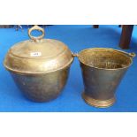 A 19TH CENTURY BRASS LIDDED VESSEL along with a miniature handled brass bucket. (Sir Malcolm's