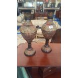 A PAIR OF 20TH CENTURY METAL VASES WITH GILT ETCHING.