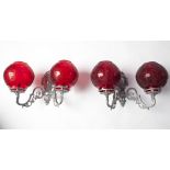 A LOVELY PAIR OF RUBY GLASS SHADED TWIN BRANCH WALL LIGHTS.