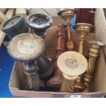 A GOOD BOX OF 19TH CENTURY AND LATER PRICKET STYLE BRASS AND TIMBER CANDLE STICKS.
