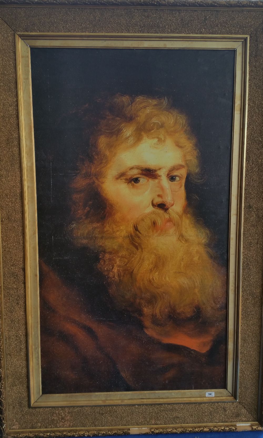 A.T.O. A VERY LARGE COLOURED PRINT of a bearded man in a 19th century deep gilt frame. 47" x 73"