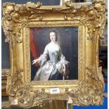 A.T.O. A COLOURED PORTRAIT PRINT of a young woman in a highly ornate 19th century frame. 14.5" x