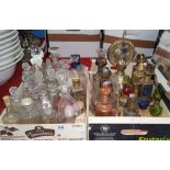 A BOX LOT OF GLASS AND CRYSTAL SCENT BOTTLES.