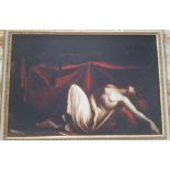 A.T.O. A GOOD COLOURED PRINT of a semi naked woman, framed. 80 x 55cm.