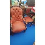 A GOOD QUALITY LATE 19TH CENTURY MAHOGANY ARMCHAIR with upholstered seat and arms and deep