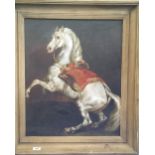 A.T.O. A COLOURED PRINT of a rearing horse in a 19th century gilt frame. 27" x 30.25".