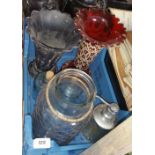 A BOX LOT OF GLASS, VASES, ETC.