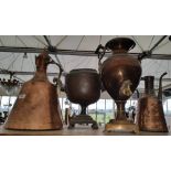 A COPPER SAMOVAR AND COPPER TEA URN (both lacking lids) along with two copper ewers.