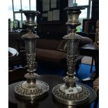 A LOVELY PAIR OF 19TH CENTURY SILVER-PLATED CRESTED CANDLESTICKS, 11.25in (h).