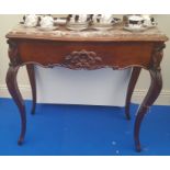 A 19TH CENTURY WALNUT MARBLE TOP SIDE TABLE with cabriole carved legs.