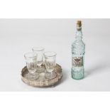 DORIAN'S: GREEN ABSINTHE BOTTLE, SILVER-PLATED TRAY & THREE GLASSES.