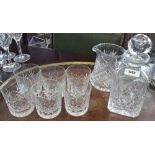 A SQUARE CUT WHISKEY DECANTER, SIX TUMBLERS & WATER JUG.