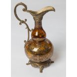 A FABULOUS GLASS EWER WITH BRASS HANDLE, SPOUT AND PLATFORM BASE with gilt decoration.