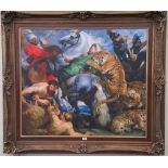 A.T.O. A LARGE COLOURED PORTRAIT PRINT of a Roman battle scene, well framed. 58" x 50".