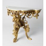 A VERY FINE 19TH CENTURY PLASTER AND TIMBER GILT CONSOLE TABLE with highly carved base and marble