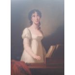 A.T.O. A LARGE COLOURED PORTRAIT PRINT of a young woman in a white dress. 39.25" x 49.25".