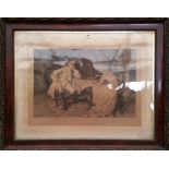 A LARGE BLACK AND WHITE PRINT of a couple playing chess, framed. 45.25" 36.25"