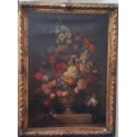 A LARGE 19TH CENTURY OIL ON CANVAS still life of flowers in a wonderful 19th century frame. 43" x