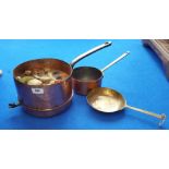 TWO 19TH CENTURY COPPER SAUCEPANS, ONE FILLED WITH PROP STEW, & A LATER BRASS PAN (3), (Sir