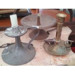 A GROUP OF THREE NIGHT LIGHTS, PEWTER, BRASS AND COPPER, the pewter example in the manner of