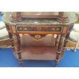 A LOVELY CONTINENTAL ROSEWOOD INLAID PAINTED SIDE TABLE with marble top and ormolu mounts.