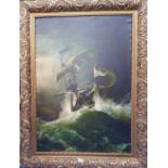 A.T.O. A LARGE COLOURED PRINT of a stormy shipping scene, in a highly ornate frame. 38.5" x 51.5".
