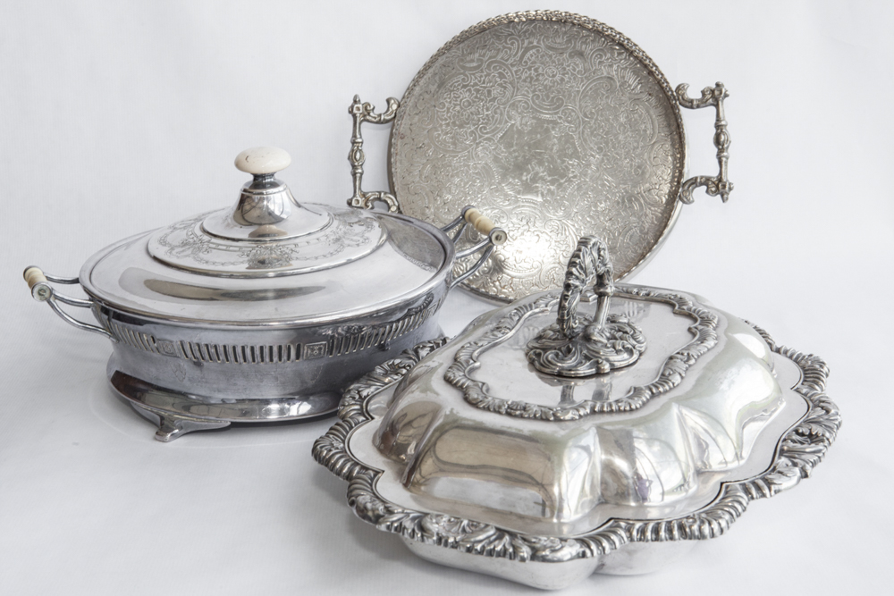 A 19TH CENTURY PLATED SERVING DISH & LID, along with an early 20th century ring dish with ivory