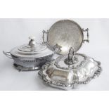 A 19TH CENTURY PLATED SERVING DISH & LID, along with an early 20th century ring dish with ivory