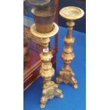 A REALLY GOOD PAIR OF HEAVY BRASS PRICKET STYLE CANDLESTICKS along with a cast iron pair.