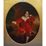 A.T.O. A COLOURED PORTRAIT PRINT of a young boy in a red velvet dress, in a slipped frame. 21.75"