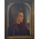A.T.O. A LARGE COLOURED PRINT of a lady in an early period gilt frame. 58" x 75.5".