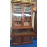 A LOVELY 19TH CENTURY WALNUT TWO DOOR SECRETAIRE BOOKCASE with glazed upper doors and panelled