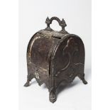 A 19TH CENTURY TIN AND BRASS COAL SCUTTLE with painted decoration ( Sir Malcolm's Mansion, Vanessa's